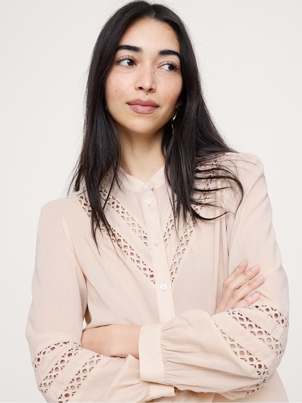 Banana Republic Pale Pink Lace Trim Button-Front Blouse